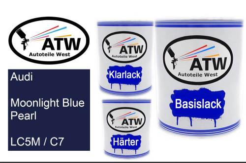 Audi, Moonlight Blue Pearl, LC5M / C7: 1L Lackdose + 1L Klarlack + 500ml Härter - Set, von ATW Autoteile West.